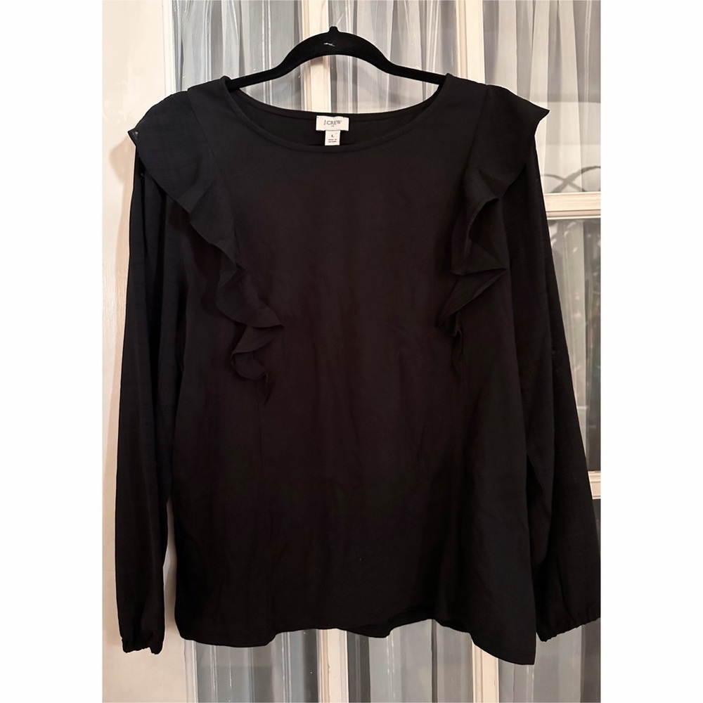 J.Crew Black Ruffle Long Sleeve Top